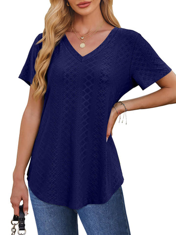 UVN Summer Blouses for Women Short Sleeves V Neck Shirts Curved Hem Loose Fit Tunic Tops