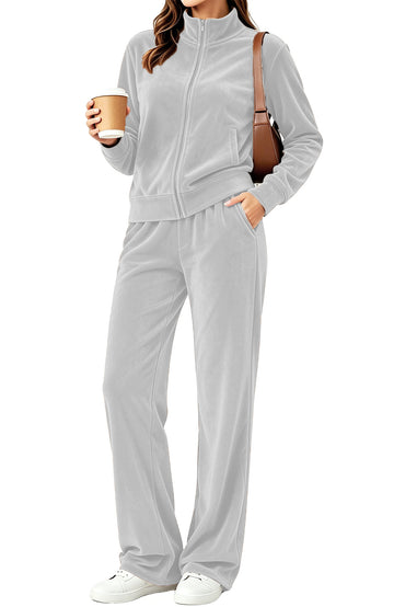 UVN Velour Outfit Set for Women 2 Piece Lounge Sets Casual Full Zip Top and Wide Leg Pants Ladies Fall Tracksuit with Pocket