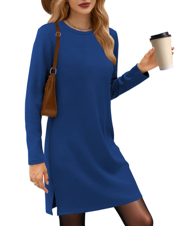 UVN Dresses for Women Fall Winter Long Sleeve Crewneck Casual Pullover Sweatshirt Dress with Side Split