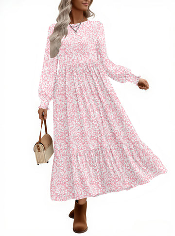 UVN Fall Long Dress for Women Crewneck Casual Long Sleeve Pleated Dresses with Pockets