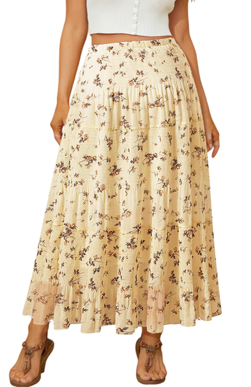 UVN Skirts for Women Summer Chiffon Pleated A-Line Long Skirt Elastic High Waist Swing Tiered Boho Beach Floral Print Maxi Skirts