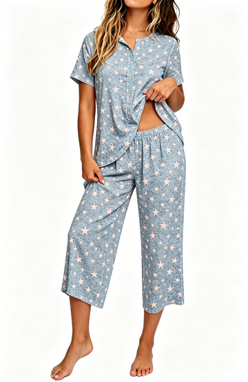 UVN Womens Pajama Sets Short Sleeve Button Down Tops and Capri Pants 2 Piece Outfit Soft Pjs Sleepwear Loungewear with Pockets