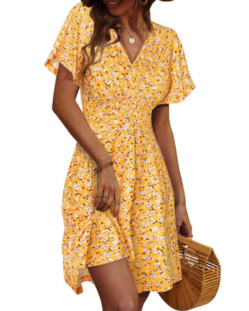 UVN Summer Dresses for Women Short Sleeve V Neck A-Line Midi Dress Boho Beach Floral Print Sundress