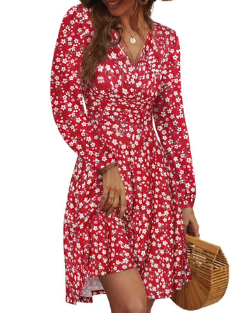 UVN Fall Dresses for Women Long Sleeve V Neck A-Line Midi Dress Boho Beach Floral Print Sundress