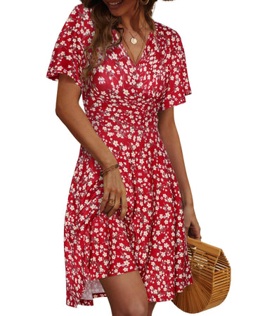 UVN Summer Dresses for Women Short Sleeve V Neck A-Line Midi Dress Boho Beach Floral Print Sundress