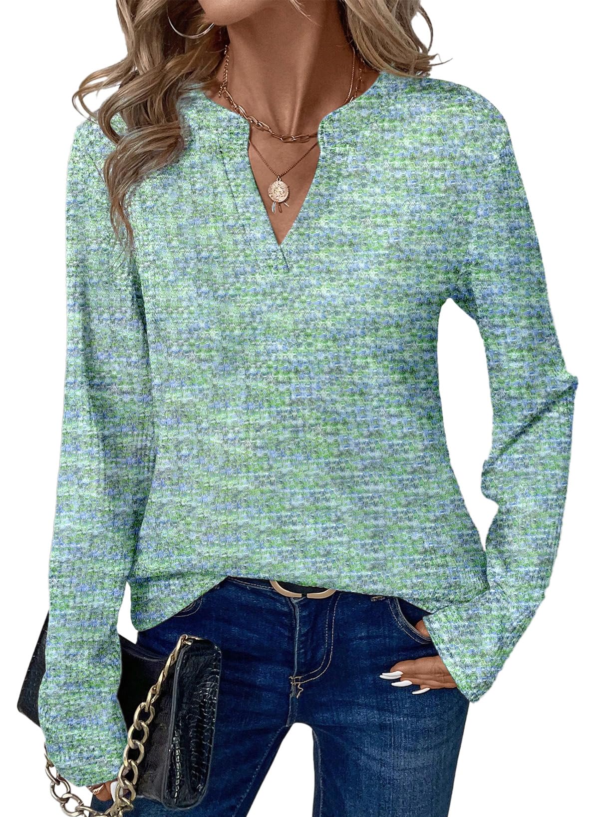 UVN Long Sleeve Shirts for Women Fall V Neck Waffle Knit Blouses Dressy Casual Tunic Tops Ladies Work Clothes