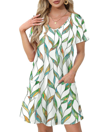 UVN Summer Dresses for Women V Neck Short Sleeve T Shirt Dress Casual Beach Sundress with Pockets