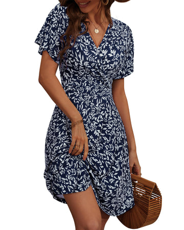 UVN Summer Dresses for Women Short Sleeve V Neck A-Line Midi Dress Boho Beach Floral Print Sundress