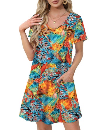 UVN Summer Dresses for Women V Neck Short Sleeve T Shirt Dress Casual Beach Sundress with Pockets