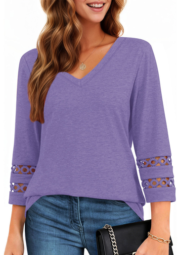 UVN Summer Tops for Women V Neck 3/4 Sleeve Tunic Blouses Ladies Casual Hollow Out Trendy T Shirts