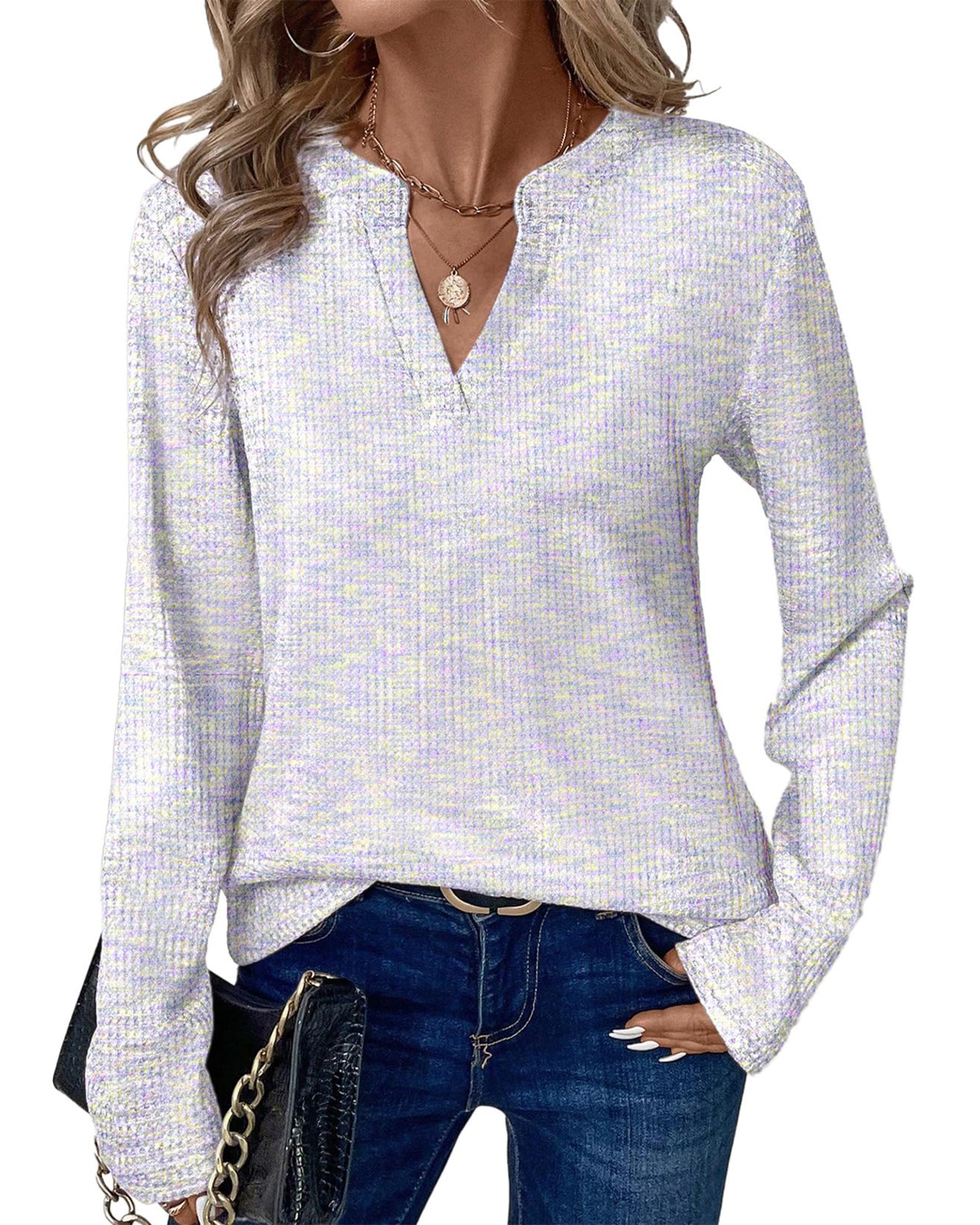 UVN Long Sleeve Shirts for Women Fall V Neck Waffle Knit Blouses Dressy Casual Tunic Tops Ladies Work Clothes