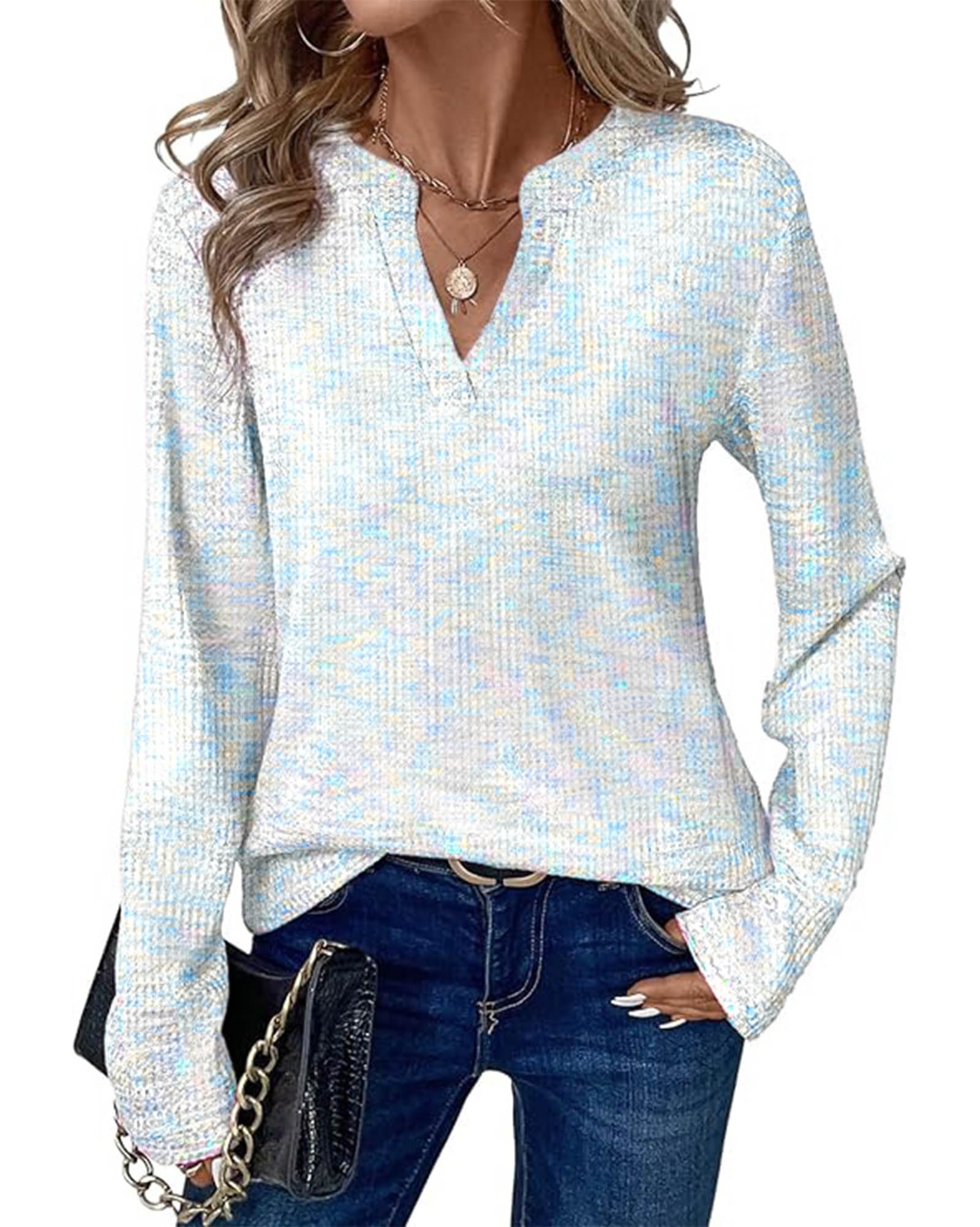 UVN Long Sleeve Shirts for Women Fall V Neck Waffle Knit Blouses Dressy Casual Tunic Tops Ladies Work Clothes