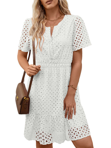 UVN Women Dress Summer Short Sleeve V Neck Dress Ladies Caual A Line Hollow Out Lace Beach Dresses