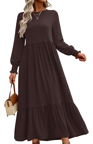 UVN Fall Long Dress for Women Crewneck Casual Long Sleeve Pleated Dresses with Pockets