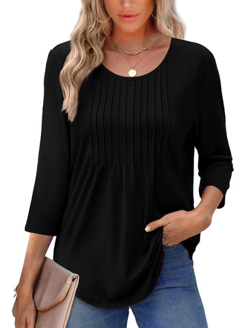 UVN Women Summer Blouses 3/4 Sleeves Loose Fit Shirts Ladies Pleated Crew Neck Tunic Tops