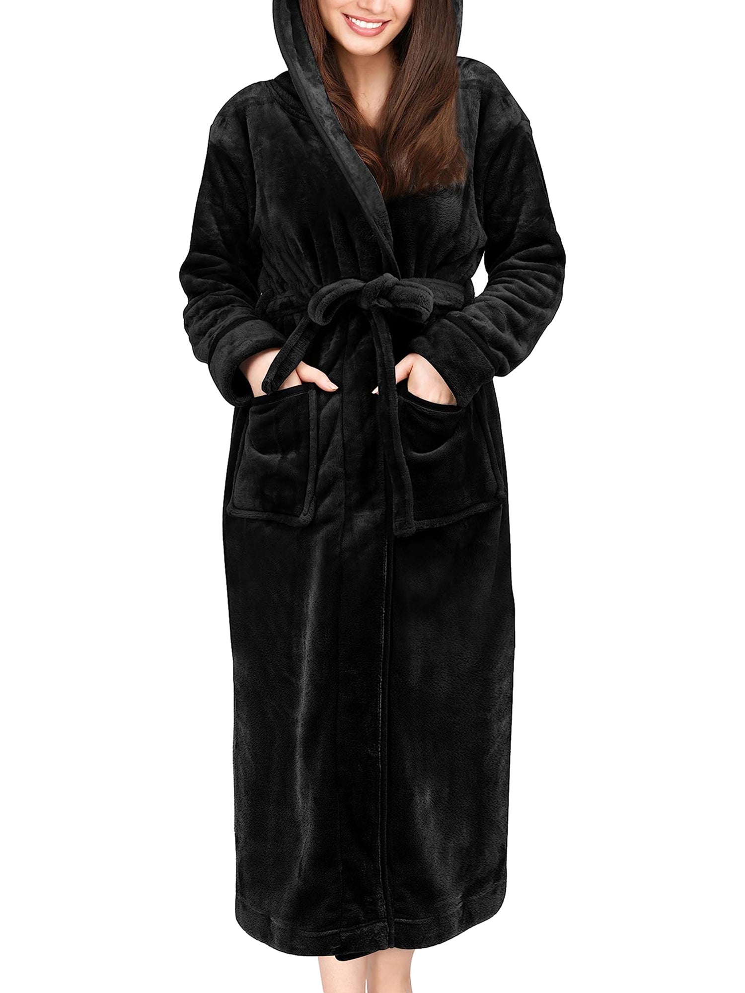 UVN Long Robes for Women Winter Plush Fleece Hooded Bathrobe Soft Cozy Fluffy Sleepwear Nightgown with Pockets