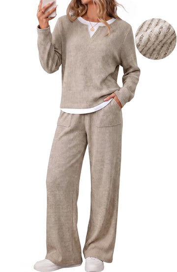 UVN Fall Matching Set for Women Color Block Tops and Wide Leg Pants Ladies Sweatsuit Casual 2 Peice Set