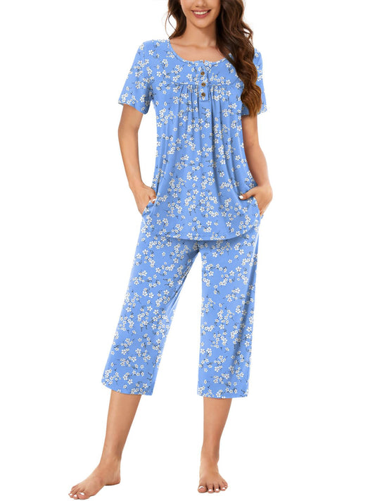 UVN Womens Pajama Sets Short Sleeve Crewneck Tops and Capri Pant Lounge Set Ladies Pjs Sleepwear Loungewear 2 Piece Outfit