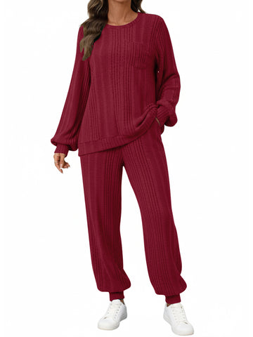 UVN Two Piece Sets for Women Casual Outfits Sets Textured Long Sleeve Shirts and Long Pants Lounge Set Fall Pajama Sets with Pockets
