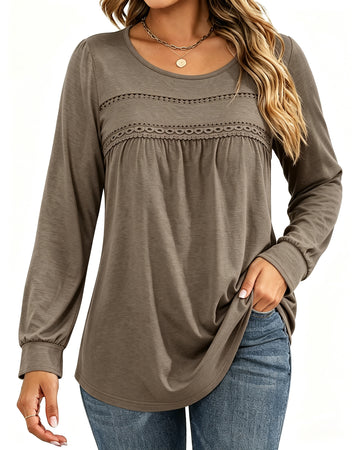 UVN Blouses for Women Long Sleeve Crochet Ladies Lace Shirts Crew Neck Dressy Casual Tops