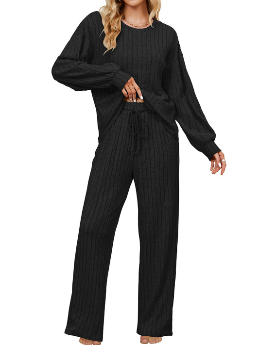 UVN Pajama Sets for Women Long Sleeve Lounge Set Ribbed Knit Sleepwear 2 Piece Pjs Soft Loungewear with Pockets