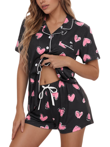 UVN Pajamas Sets for Women Button Down Short Sleeve Tops and Drawstring Shorts 2 Piece Lounge Set
