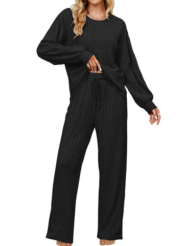 UVN Pajama Sets for Women Long Sleeve Lounge Set Ribbed Knit Sleepwear 2 Piece Pjs Soft Loungewear with Pockets