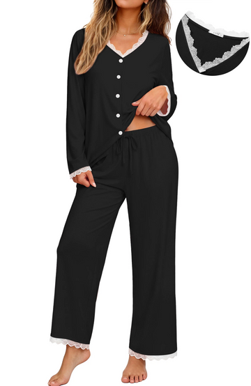 UVN Womens Pajama Sets Fall Long Sleeve Button Down Tops and Pants Two Piece Outfits Ladies Lace Sleepwear Soft Pjs Lounge Sets with Pockets