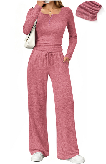 UVN Two Piece Sets for Women Fall Long Sleeve Ruched Tops and Wide Leg Pants Outfits Ladies Fashion Casual Lounge Sets