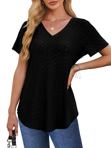 UVN Summer Blouses for Women Short Sleeves V Neck Shirts Curved Hem Loose Fit Tunic Tops