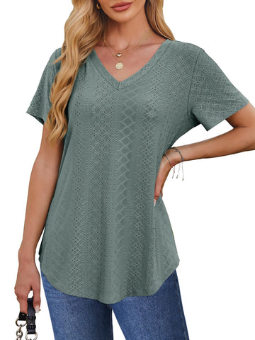 UVN Summer Blouses for Women Short Sleeves V Neck Shirts Curved Hem Loose Fit Tunic Tops