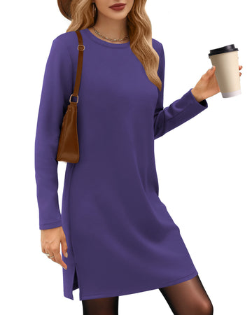 UVN Dresses for Women Fall Winter Long Sleeve Crewneck Casual Pullover Sweatshirt Dress with Side Split