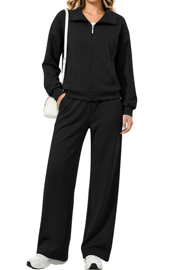 UVN Two Piece Sets for Women Fall Winter Fashion Tracksuit Outfits Lapel Long Sleeve Zip Up Tops and Pants Lounge Sets