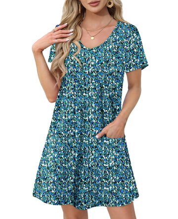 UVN Summer Dresses for Women V Neck Short Sleeve T Shirt Dress Casual Beach Sundress with Pockets