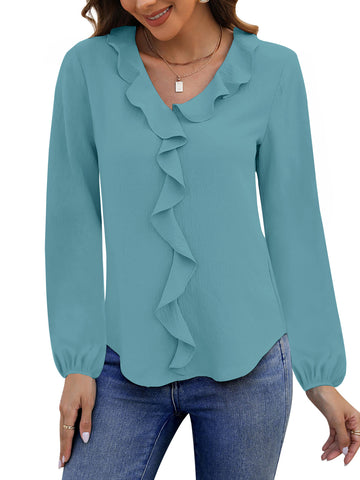 UVN Blouses for Women V Neck Long Sleeve Shirts Dressy Casual Ruffle Chiffon Tops