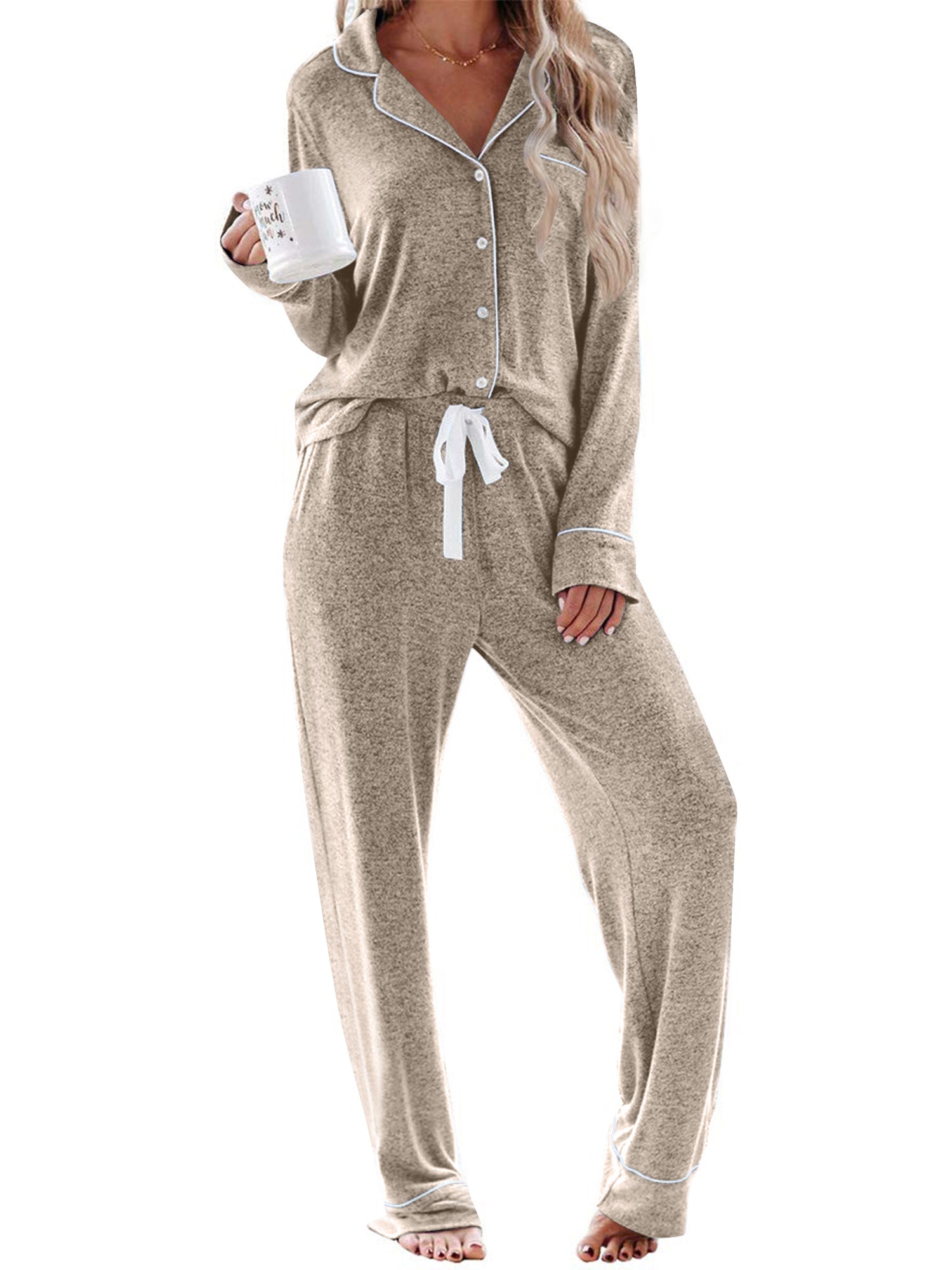 UVN Womens Pajama Sets Long Sleeve Top and Long Pants Soft Pjs Sleepwear Ladies Button Down Lounge Set