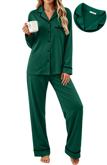 UVN Womens Pajama Sets Fall Winter Soft Pjs Lounge Sets Long Sleeve Button Down Tops and Wide Leg Pants 2 Piece Outfits Lace Sleepwear
