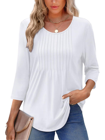 UVN Women Summer Blouses 3/4 Sleeves Loose Fit Shirts Ladies Pleated Crew Neck Tunic Tops