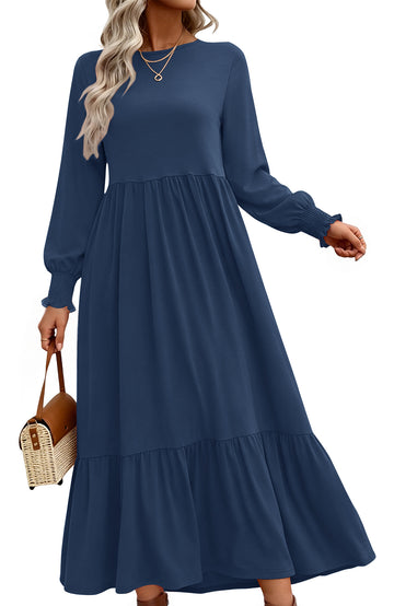UVN Fall Long Dress for Women Crewneck Casual Long Sleeve Pleated Dresses with Pockets