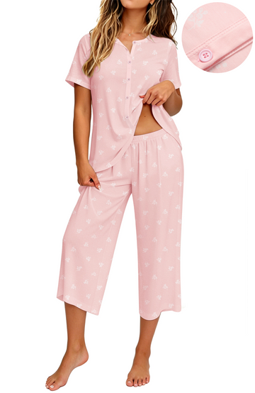 UVN Womens Pajama Sets Short Sleeve Button Down Tops and Capri Pants 2 Piece Outfit Soft Pjs Sleepwear Loungewear with Pockets