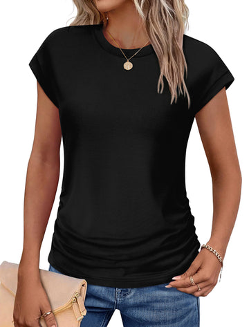 UVN Womens Blouses Summer Crew Neck Vacation Shirt for Women Cap Sleeve Dressy Casual Pleated Tops