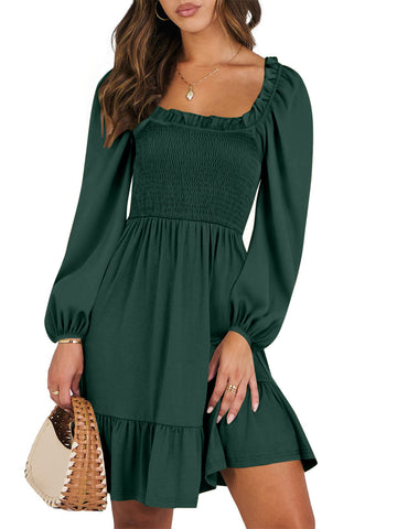 UVN Dresses for Women Casual Long Sleeve Square Neck Dress Ruffle Pleated Flowy Midi Dress