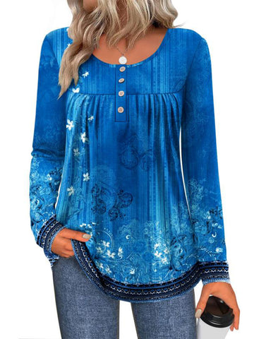 UVN Womens Blouses Long Sleeve Crew Neck Shirts Button Up Pleated Dressy Casual Tunic Tops