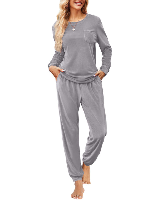 UVN Womens Velvet Pajamas Sets Winter 2 Piece Outfits Ladies Fleece Long Sleeve Sleepwear with Pockets