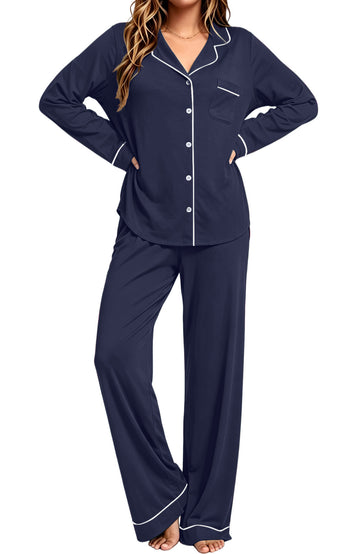 UVN Womens Winter Pajama Long Sleeve Casual Ladies Button Down Lounge Set for Women Soft Sleepwear Set with Pockets