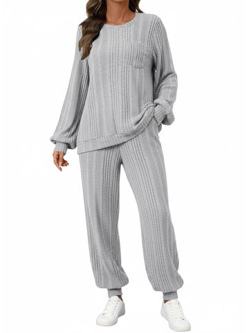 UVN Two Piece Sets for Women Casual Outfits Sets Textured Long Sleeve Shirts and Long Pants Lounge Set Fall Pajama Sets with Pockets