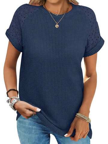 UVN Summer Blouses for Women Short Sleeve Crewneck Dressy Shirts Ladies Casual Waffle Knit Hollow Out Tunic Tops