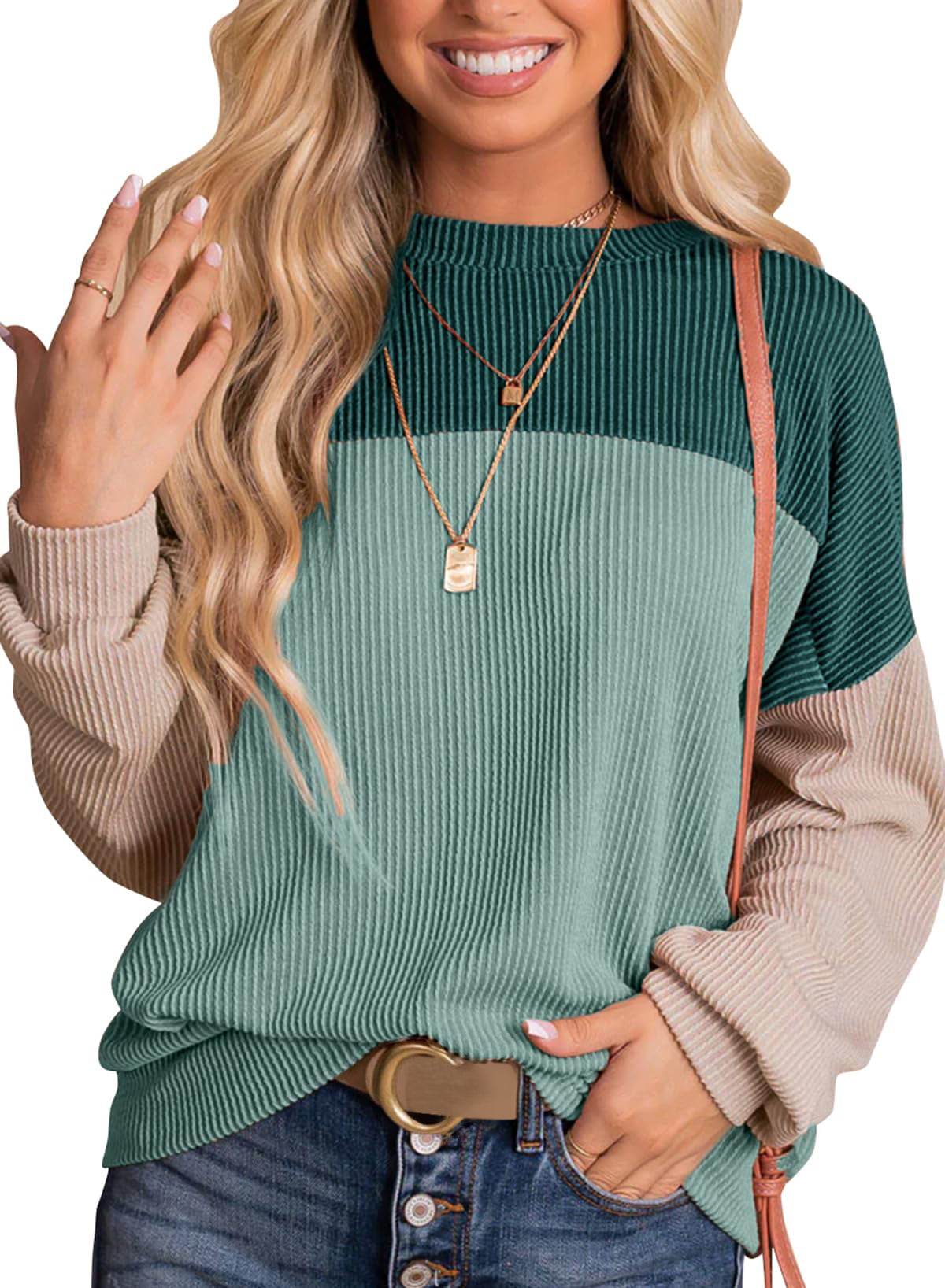 UVN Sweatshirts for Women Crewneck Casual Long Sleeve Blouse Color Block Loose Tops