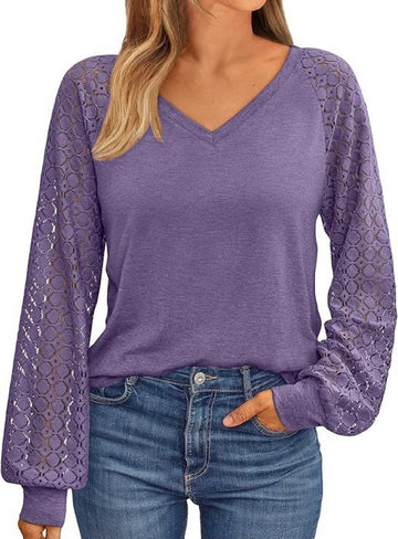 UVN Blouses for Women Dressy Lace Long Sleeve Shirts Fall Casual V Neck Tunic Tops