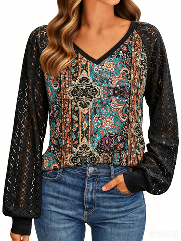 UVN Blouses for Women Dressy Lace Long Sleeve Shirts Fall Casual V Neck Tunic Tops